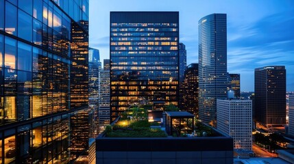 Fototapeta premium Modern skyscrapers illuminated at night in an urban landscape.