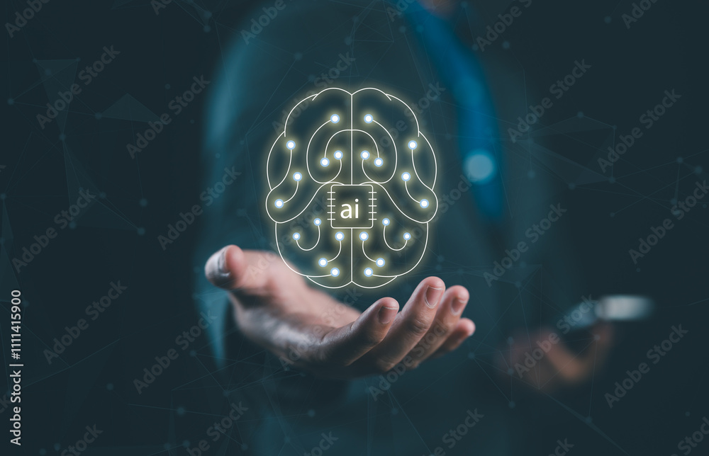 Poster Man using tools AI. technology smart robot science and artificial intelligence technology, and innovation futuristic and global connection for providing access to information and data online network.