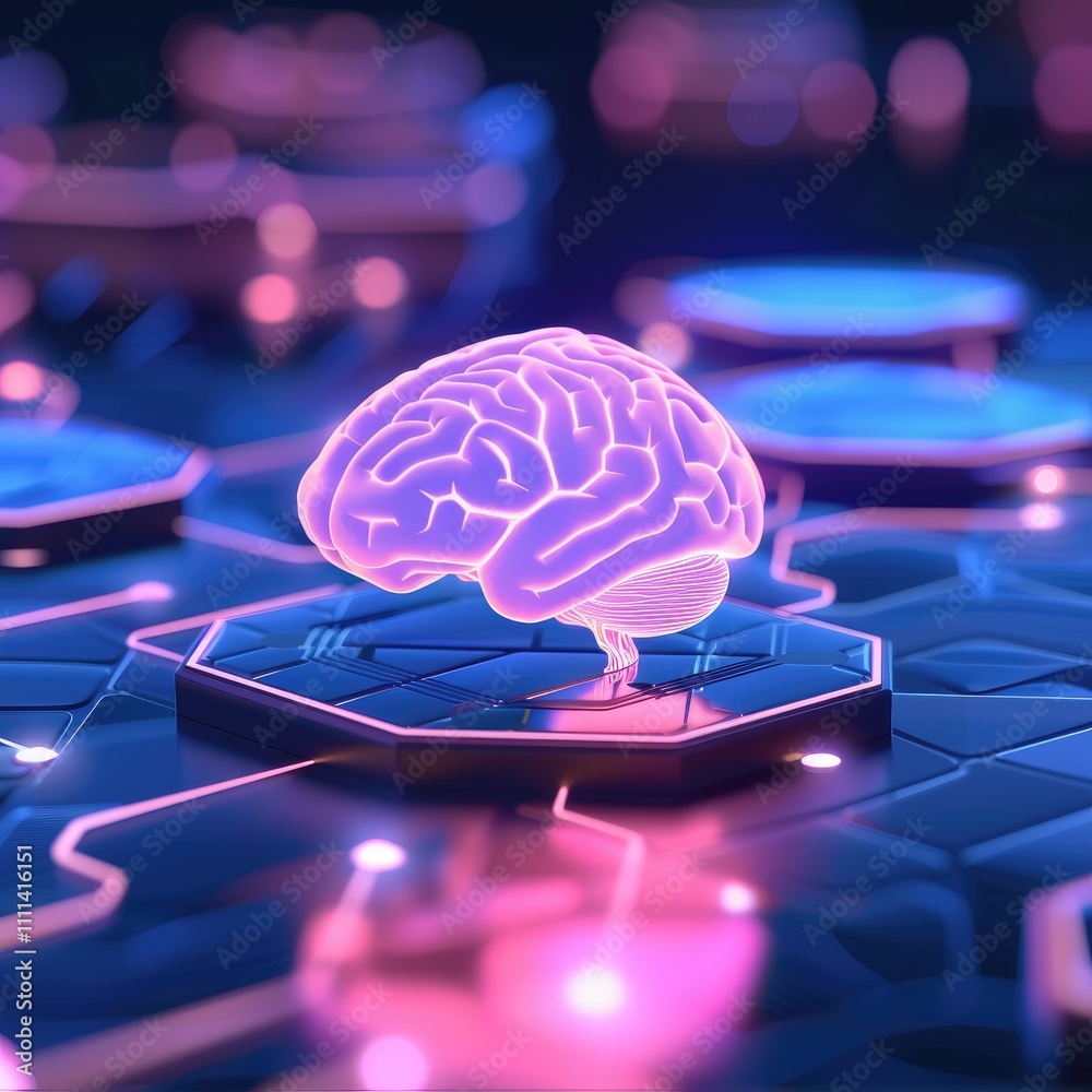 Poster a glowing brain surrounded by hexagonal circuits, symbolizing advanced technology and artificial int