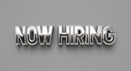 Obraz premium now hiring word 3d shiny silver metallic lettering render on plain background
