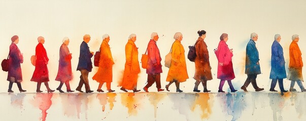 Obraz premium Watercolor Painting of Elderly Caregivers and Diverse Individuals Celebrating International Day of Disabled Persons and Inclusion in Healthcare
