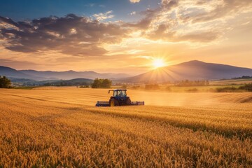 Fototapeta premium Golden Wheat Fields at Sunrise with Tractor Working in Background under Dramatic Sky and Silhouetted Mountains, Capturing Serene Agricultural Landscape and Rural Life