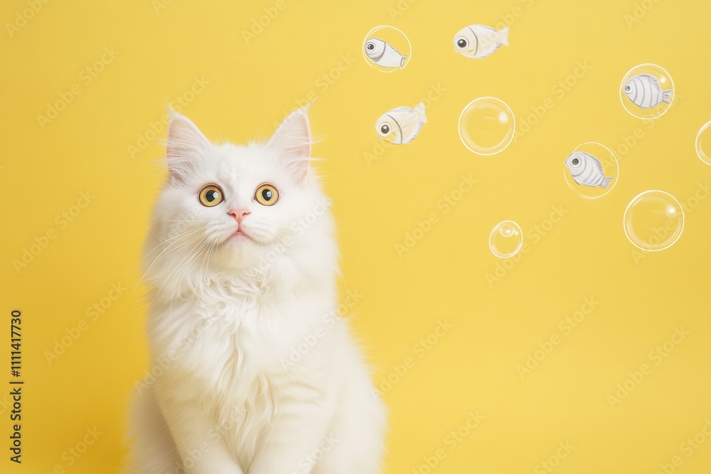 Poster A fluffy white cat looks curiously at fish floating in bubbles, set against a vibrant yellow background with ample copy space. Generative AI