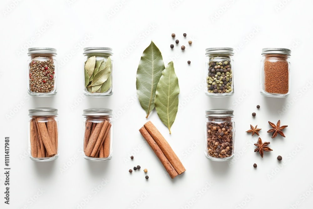 Aufkleber small jars filled with various colorful spices and herbs are arranged on a white background, invitin