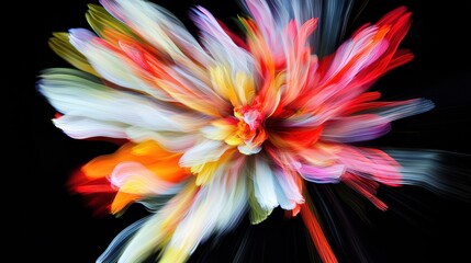 A vibrant, abstract explosion of colorful petals, resembling a flower in motion against a dark background.