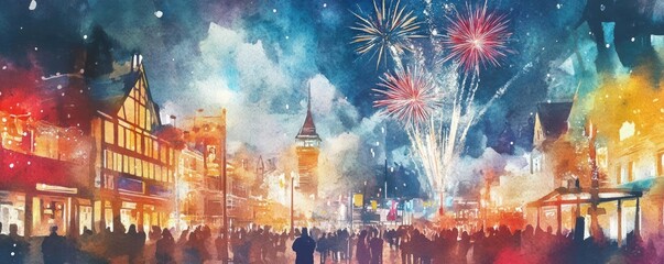 Fototapeta premium Community celebration, fireworks lighting up a crowded town square, cheerful energy, Watercolor style