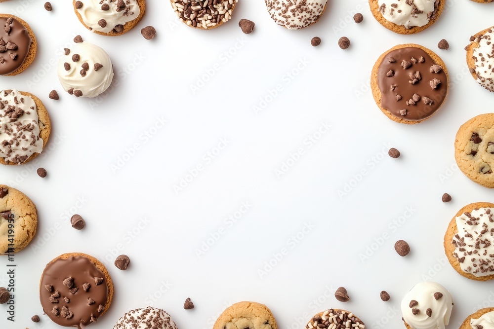Poster Assorted cookies and sweets are artfully placed on a white surface, creating an inviting display with room for additional text. Generative AI