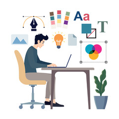 Flat Vector Design Illustration Image of a Male Graphic Designer sitting in front of a laptop making a client's order design, Isolated white background