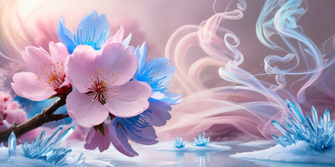 Fototapeta premium cherry blossom flower consists of colorful fog ice background, created by generative AI
