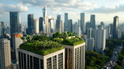 Fototapeta premium Green rooftops on modern buildings in a vibrant city skyline.
