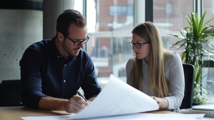 An intimate portrait of an architect discussing blueprint details with a client in a sleek urban office setting, Architect-client meeting scene, Professional consultation style