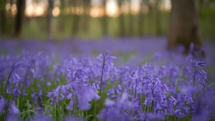 Field of purple wildflowers in a serene springtime forest.