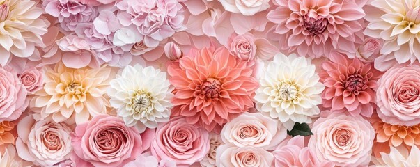 Feminine floral arrangement in Chardonnay tones, with roses and dahlias in a seamless, soft pastel pattern