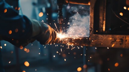 An intimate shot of craftsmen in a metal fabrication workshop, welding intricate designs on custom metalwork, Metal fabrication studio scene