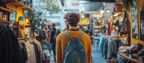 Fototapeta premium A young man with a backpack walks through a crowded indoor market, surrounded by clothing racks and merchandise.