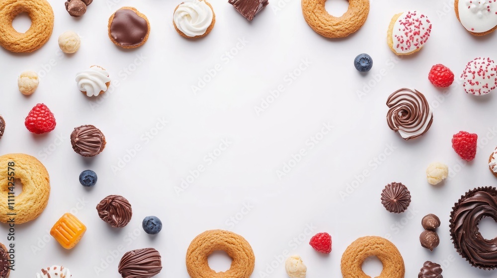 Poster A colorful display of various sweets and cookies is artfully arranged on a white background, featuring blank space perfect for text. Generative AI