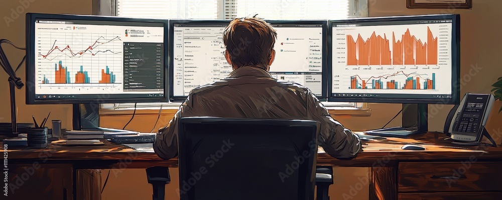Poster business professional analyzing data on multiple computer monitors
