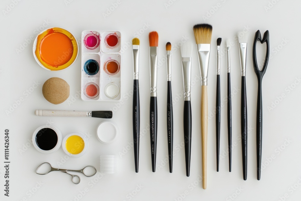 Aufkleber Various hobby tools like brushes, paints, scissors, and glue are neatly organized on a white background, providing space for customization. Generative AI