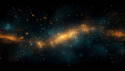 Fototapeta premium A mesmerizing starry night scene with shimmering teal and golden particles, ideal for celestial-themed events, print designs, or tranquil space backgrounds.