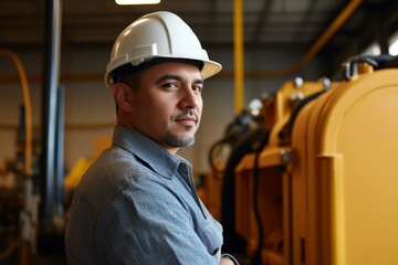 Professional Male Worker in Safety Helmet Standing in Industrial Environment with Heavy Equipment, Displaying Confidence and Expertise in Manufacturing Setting