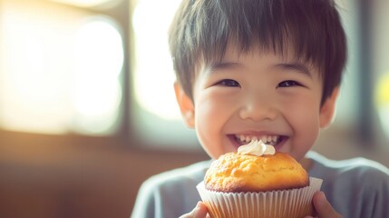 Happy Child Enjoying a Muffin in Natural Light
