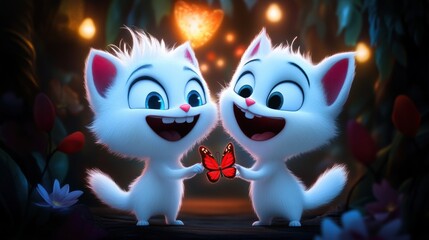 Obraz premium Two Cute Animated White Kittens Joyfully Holding a Bright Red Butterfly in a Whimsical Forest with Colorful Flowers and Soft Light