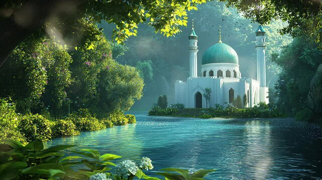 A Majestic White Mosque Reflecting in a Still Pond and surrounded by tree