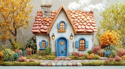 Charming Cottage with Colorful Garden Surrounded by Trees, Featuring Whimsical Details, Lush Flowers, and Playful Atmosphere for a Cozy Ambience