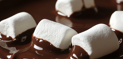 A close-up of soft marshmallows dipped in rich melted chocolate sauce