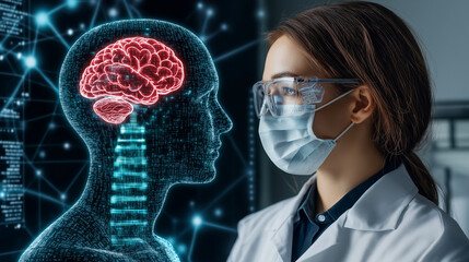 Exploring the Brain: A female scientist in a lab coat and protective mask gazes intently at a digital representation of the human brain.