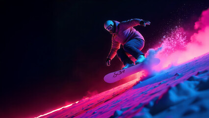 Snowboarder performing tricks under neon lights winter sports event nighttime mountain environment dynamic viewpoint
