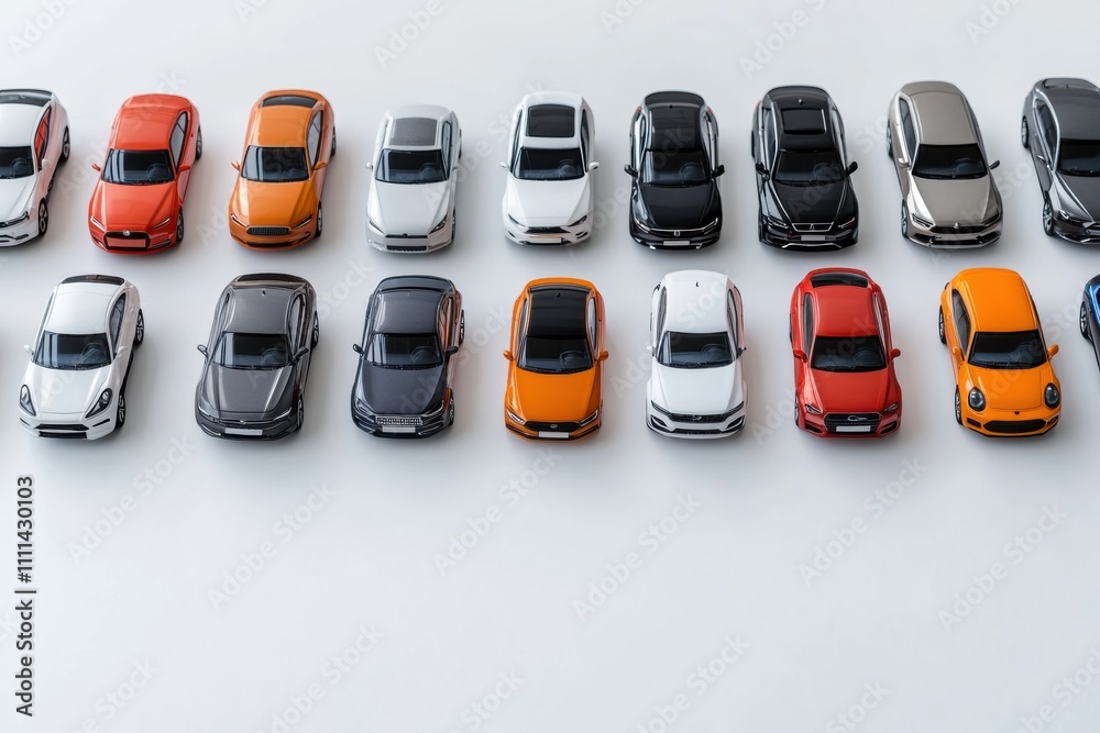 Poster Various miniature car models are arranged neatly on a white background, leaving space for additional text or graphics. Generative AI