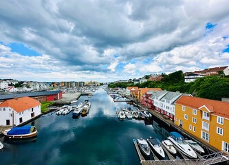 Panorama view of the Smedasundet Harbor Waterway of Haugesund, a municipality and town on the North Sea in Rogaland county, Norway. 