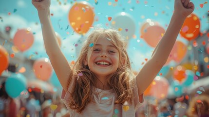 happy kids celebrating birthday with balloons and confetti flying in the air outdoor at bright sunny day with blue sky.