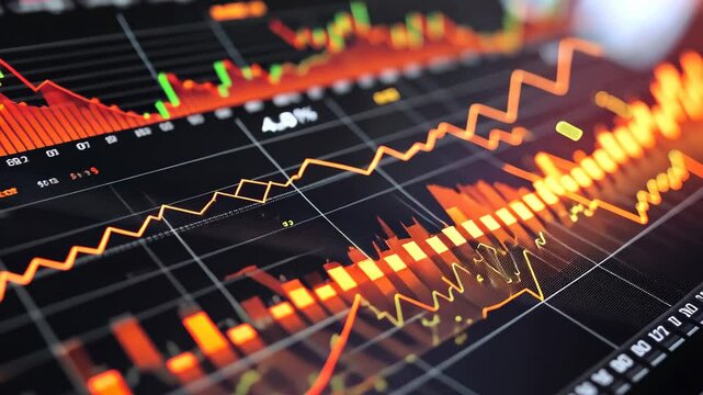 This video depicts a close-up view of a computer screen displaying various graphs, A chart displaying the correlations between different financial markets