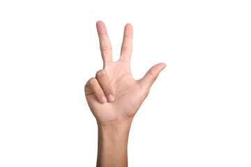 A Caucasian male hand showing the number three gesture isolated on a white background.
