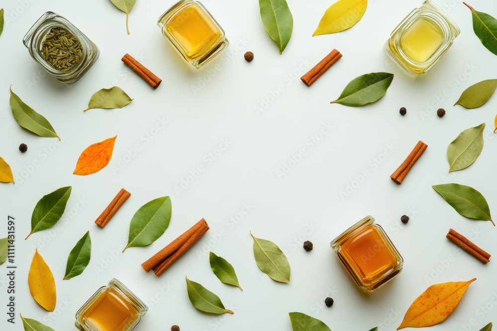 Aufkleber colorful jars filled with spices are surrounded by bay leaves and cinnamon sticks, creating an invit