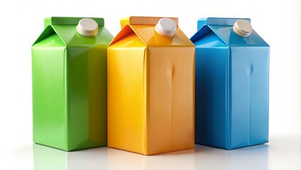 Fototapeta premium Close-Up of Multicolor Beverage Cartons in Yellow, Orange, Green, and Blue on White Background - Aesthetic Milk and Juice Packaging for Creative Use