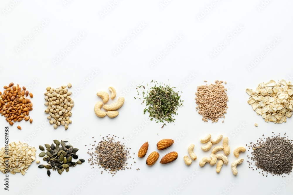 Aufkleber an assortment of organic seeds, nuts, and herbs is neatly organized on a white background, offering 