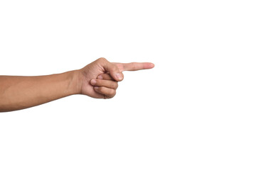 Hand pointing gesture isolated on white background. Man pointing on virtual object with forefinger