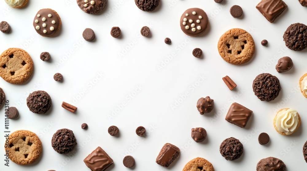 Poster a delightful collection of various cookies and sweets is arranged artistically on a white backdrop, 