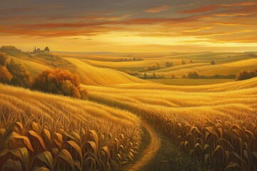 Obraz premium Serene Golden Fields Under a Stunning Sunset Sky with Rolling Hills and Distant Farmhouse in an Idyllic Rural Landscape Setting