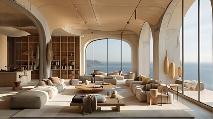 Seaside-inspired living room interior featuring sand-colored furniture, nautical decor, and large windows framing views of the Mediterranean coastline.