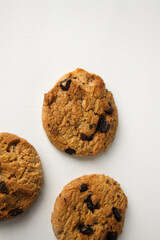 Chocolate chip cookies on white background. Overhead shot concept