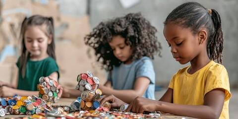 kids art & craft recycling concept. Three children are engaged in creative activities, crafting with colorful materials on a table, showcasing teamwork and creativity in a playful environment.