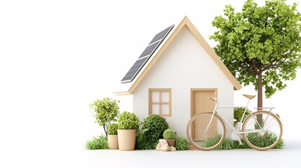 House style modern exterior concept. A modern eco-friendly house with solar panels, greenery, and a bicycle in a serene setting.