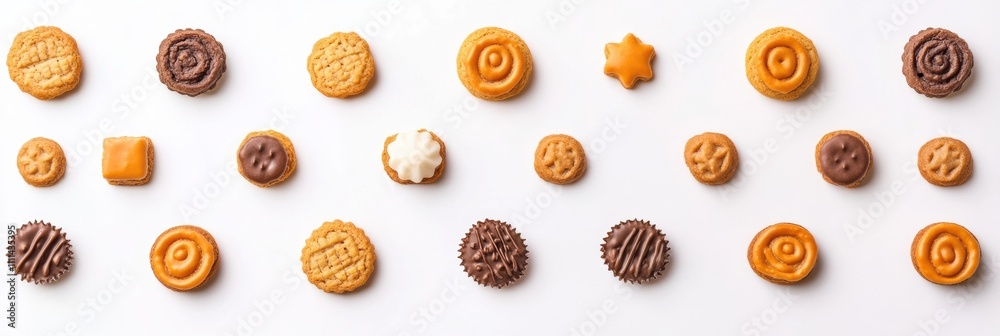 Poster tasty cookies and sweets are artistically arranged on a clean white background, featuring a variety 