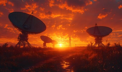 Silhouettes of four large radio telescope dishes against the backdrop of an evening sky with clouds, with one dish in focus and three more blurred behind it,


