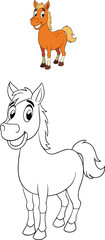 A delightful coloring page featuring a cute horse standing and smiling in a sunny field. Perfect for kids to add their favorite colors and bring this happy scene to life!