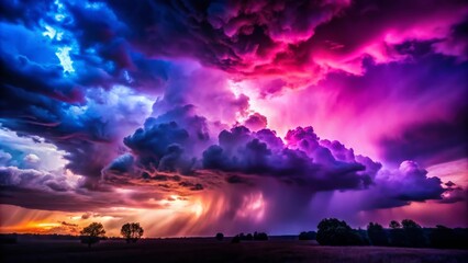 Dramatic Silhouette of a Gloomy Night Sky with Deep Purple, Blue, and Pink Clouds, Unveiling a Mystic Fantasy Universe Filled with Storm, Fog, and Ominous Vibes